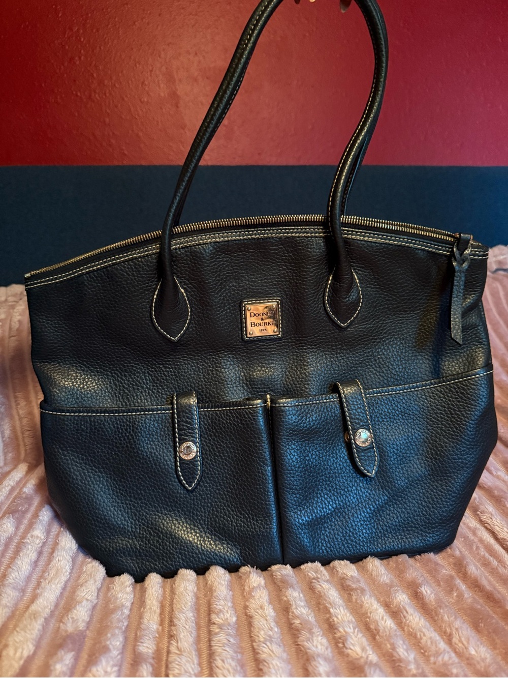 Dooney & Bourke Black Pebbled Leather Double Pocket Tote